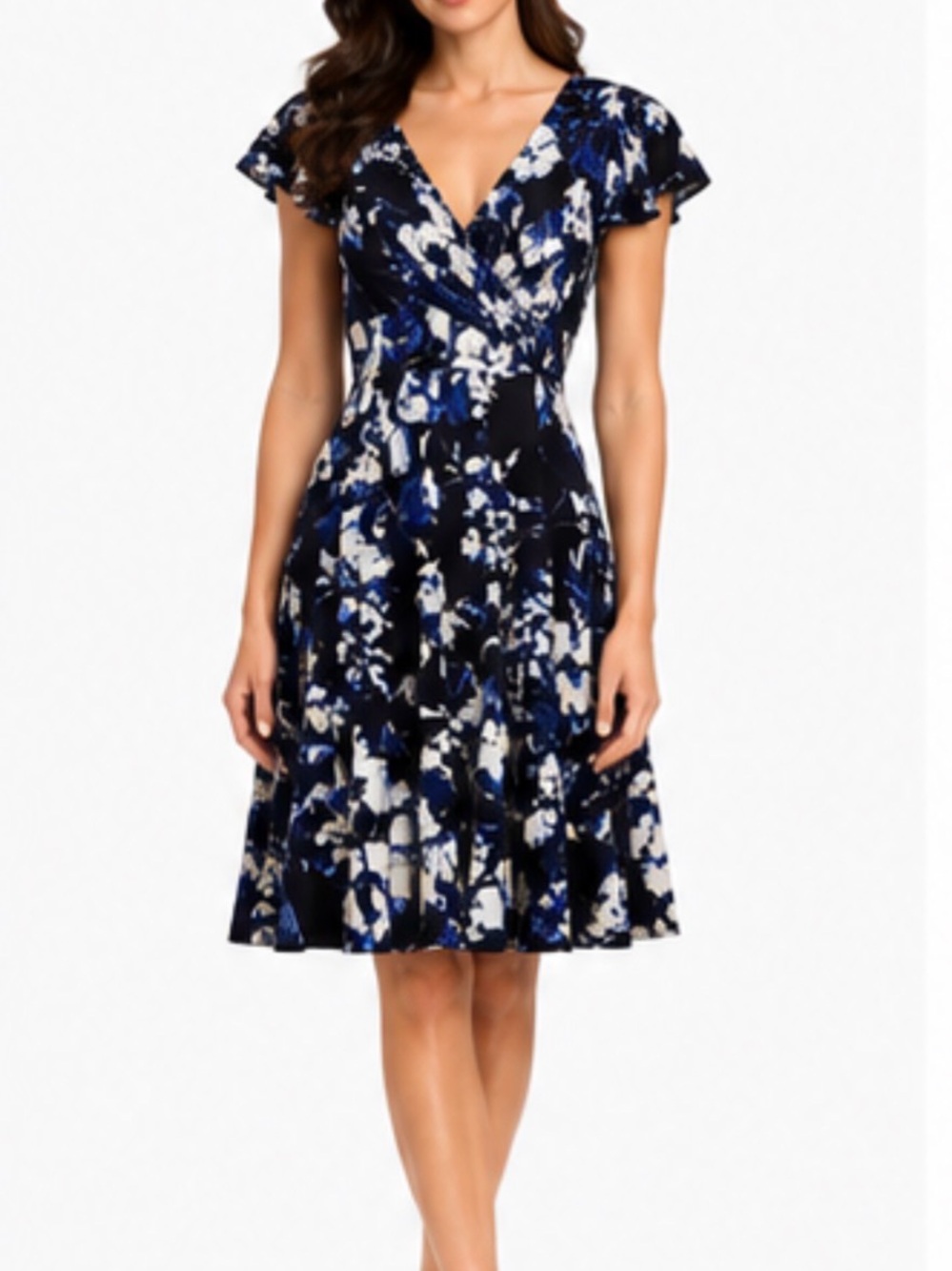 Lauren Ralph Lauren Navy, White & Royal Blue Floral Dress with Flutter Sleeves